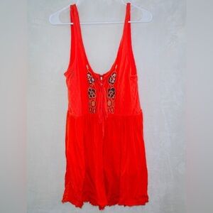 Free People Red orange Floral Print Beaded Boho Raw Hem Tunic Tank Top